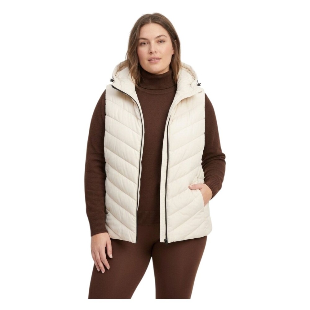 Ivory Chevron Puffer Vest Hooded Tahari Woman 3X NWOT Winter Classic